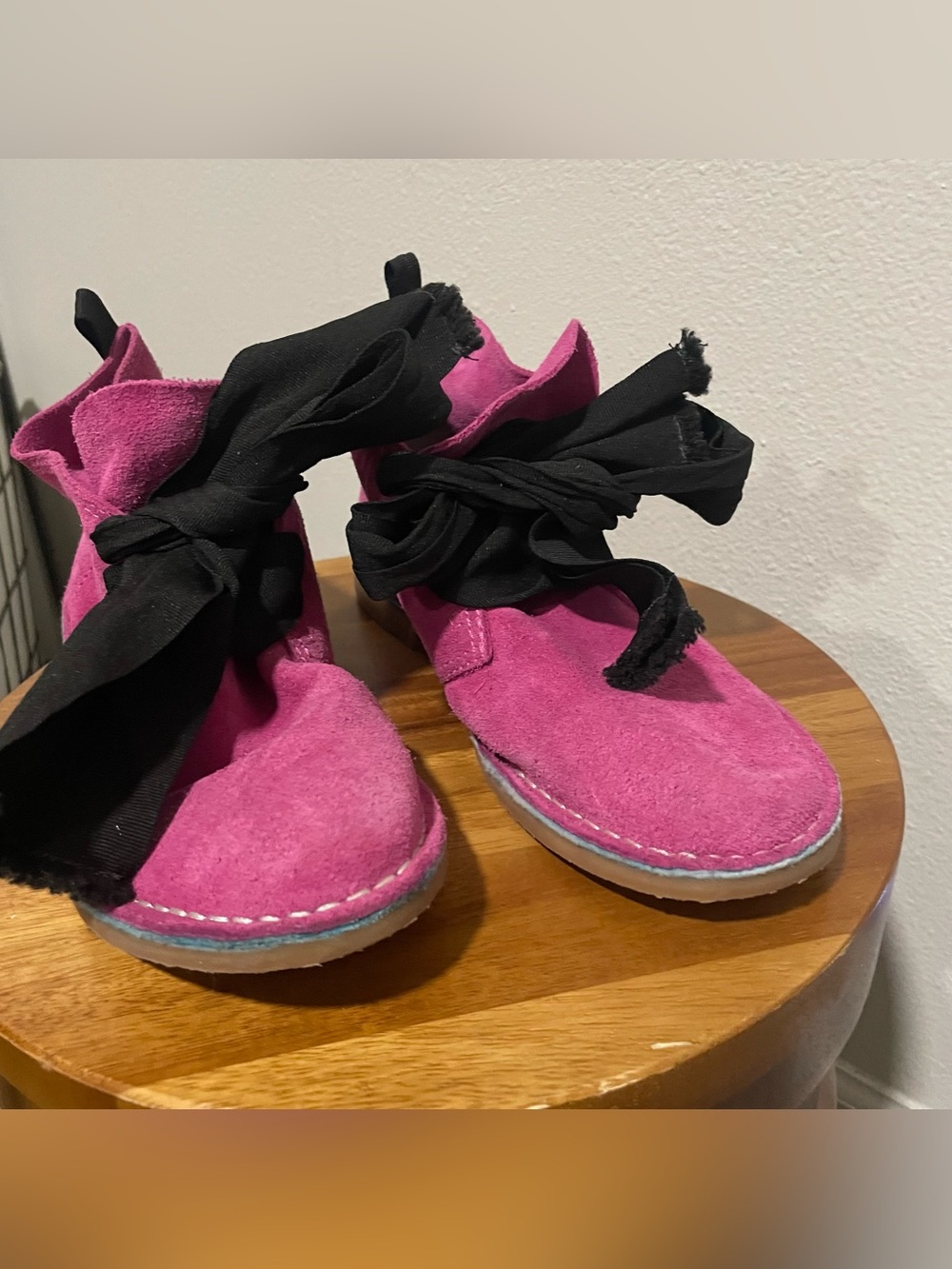Frances Valentine Pink Velvet Booties with Large Black Bow, Size 7.5